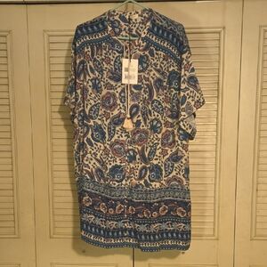 Spell Marmont Flutter Tunic Dress in Blue and Cream